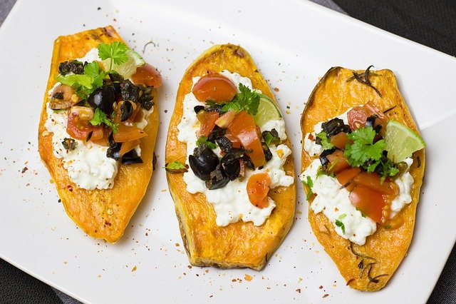 Sliced sweet potatoes with toppings