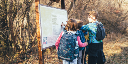 Three children looking at a trail sign on a hike in the fall
