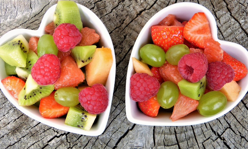 fruit salad in heart shaped bowls